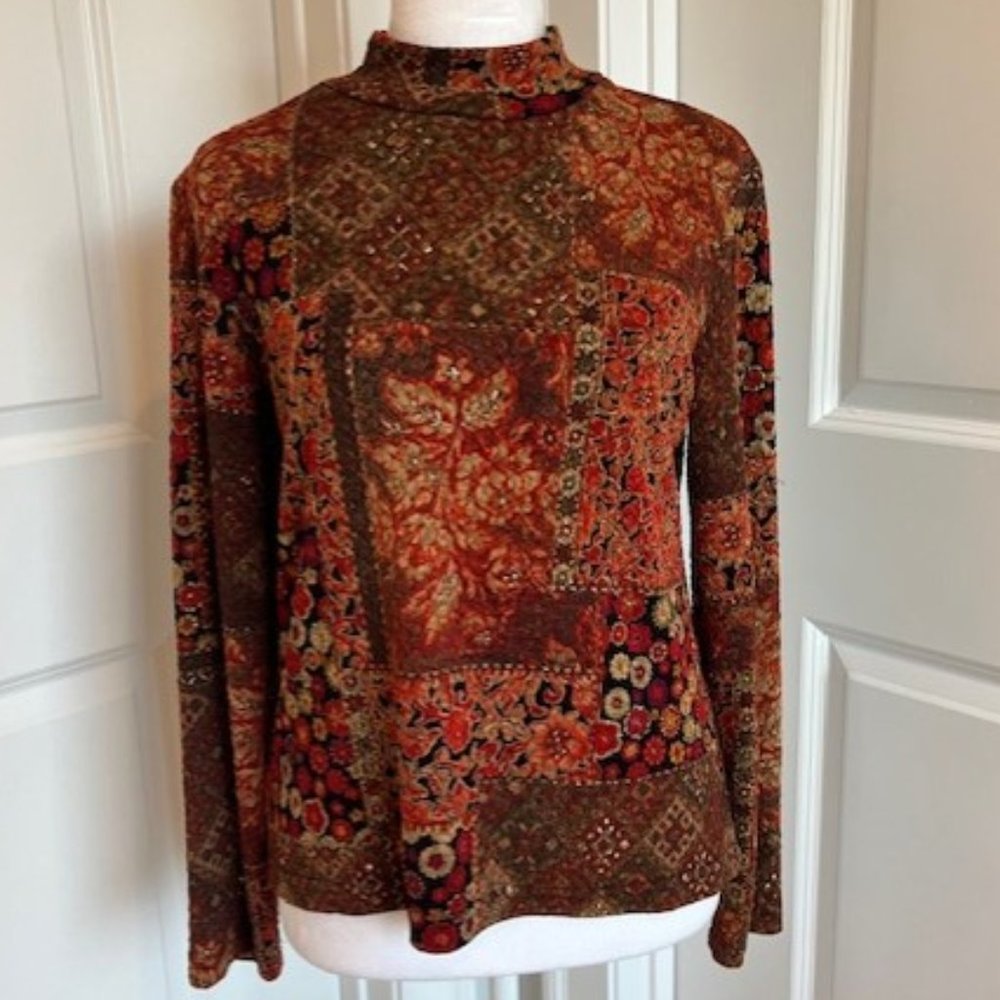 COLDWATER CREEK MOCK NECK RED MULTI COLOR TOP - SIZE SMALL